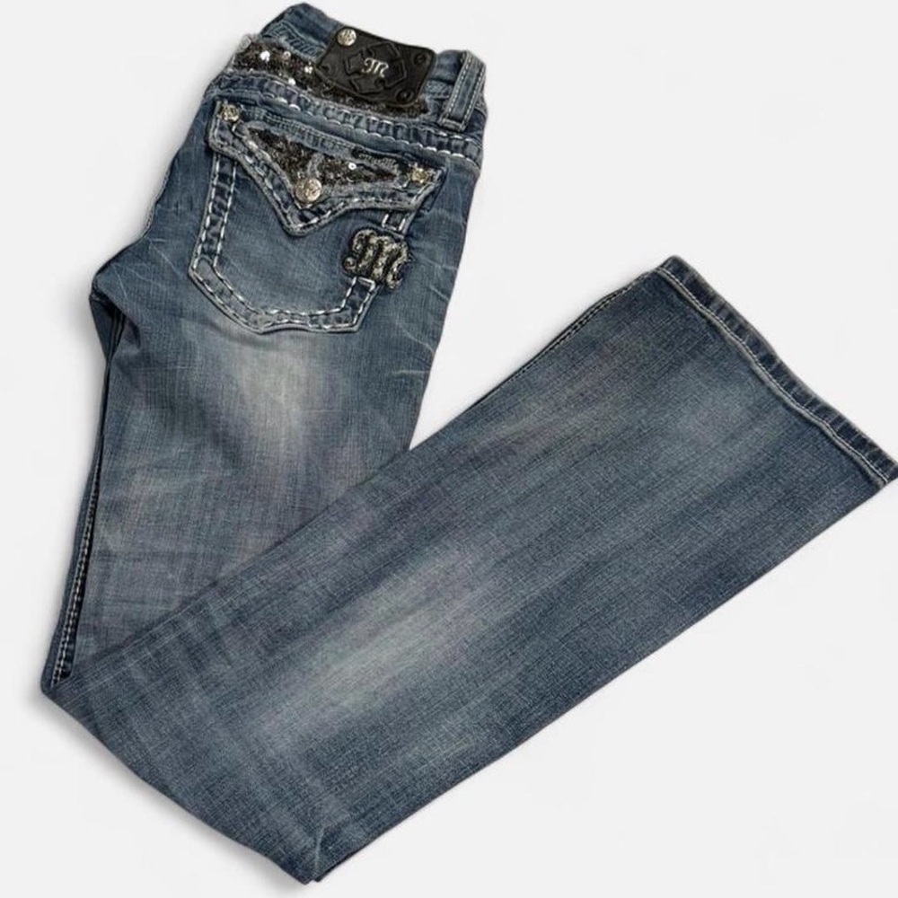 Miss Me Bootcut Embellished Jeans 26x31 JE8033BR Sequin Flap Pocket Y2K